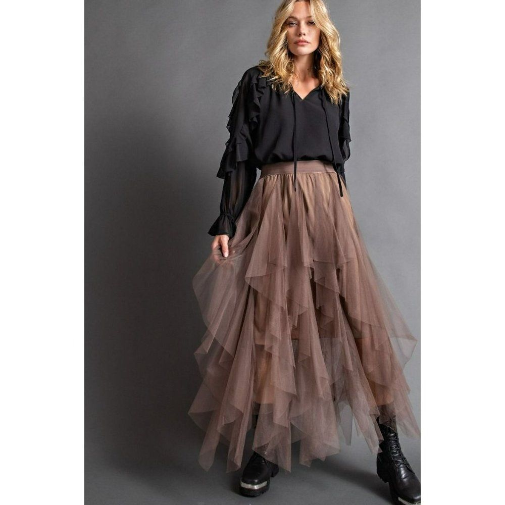 Easel Allover Mesh Ballerina Tulle Princess Maxi Skirt in Olive Grey S-L EB40814 - Picture 5 of 8
